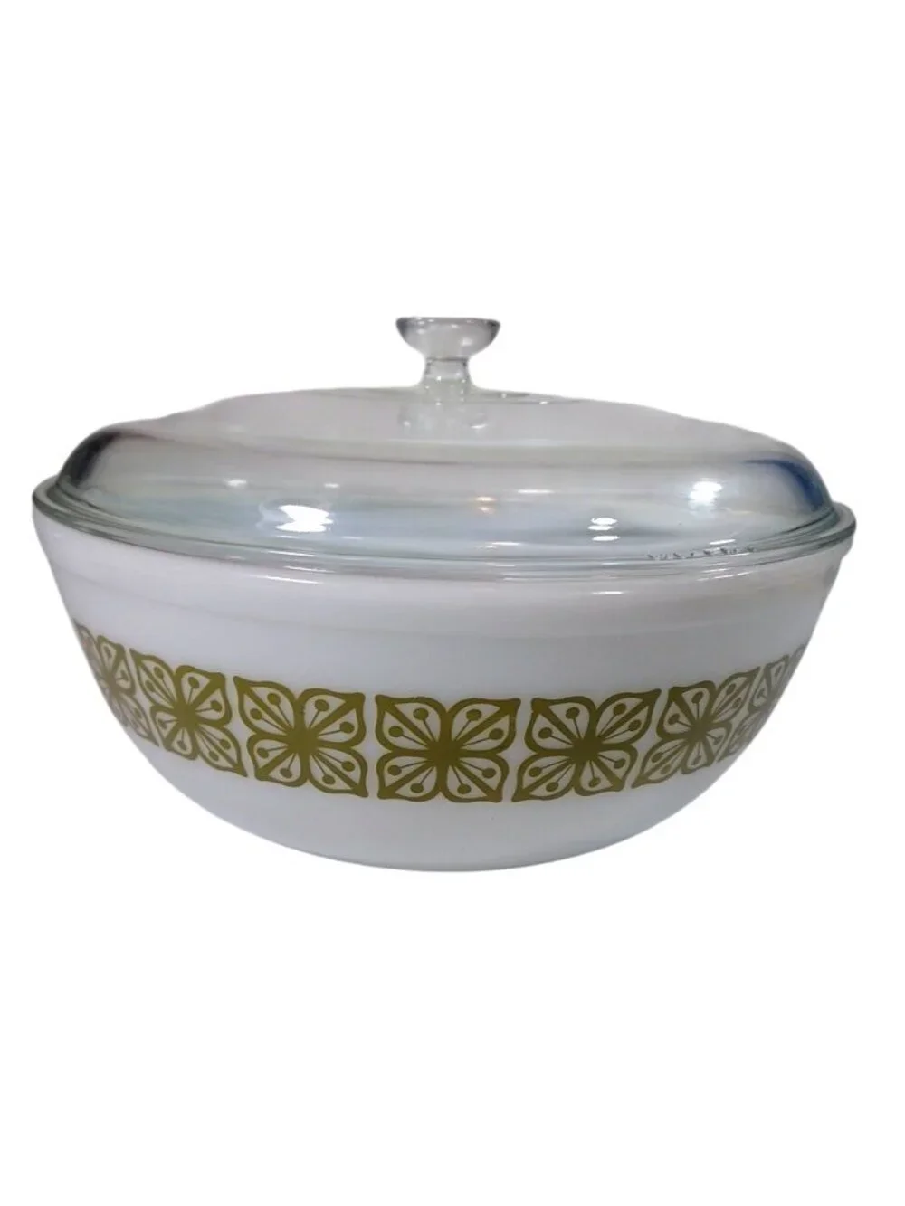 PYREX Vintage 404 OvenWare Bowl With Glass Lid 4 Quart Square Flower Verde Green